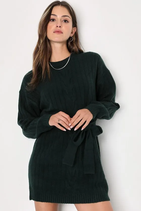 Wishing on Winter Emerald Green Cable Knit Mini Sweater Dress sold by Lulus