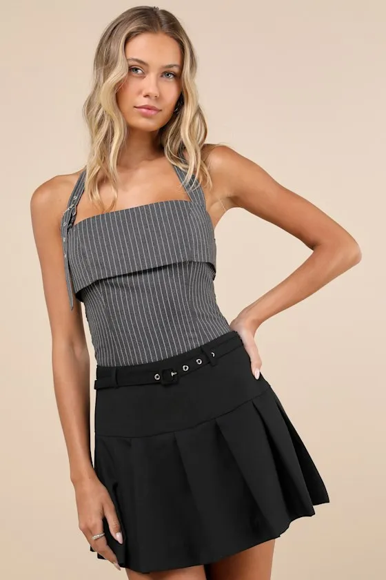 Trendy Cues Grey Pinstriped Buckle Halter Top sold by Lulus