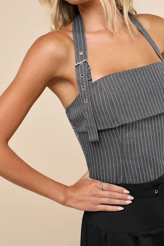 Trendy Cues Grey Pinstriped Buckle Halter Top sold by Lulus product image thumbnail 4