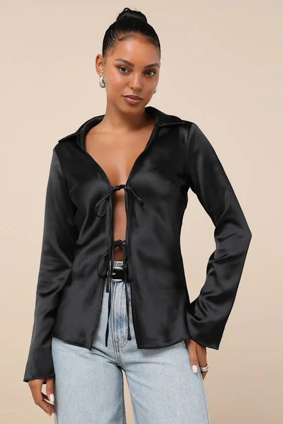 Coveted Aesthetic Black Tie-Front Long Sleeve Collared Top sold by Lulus