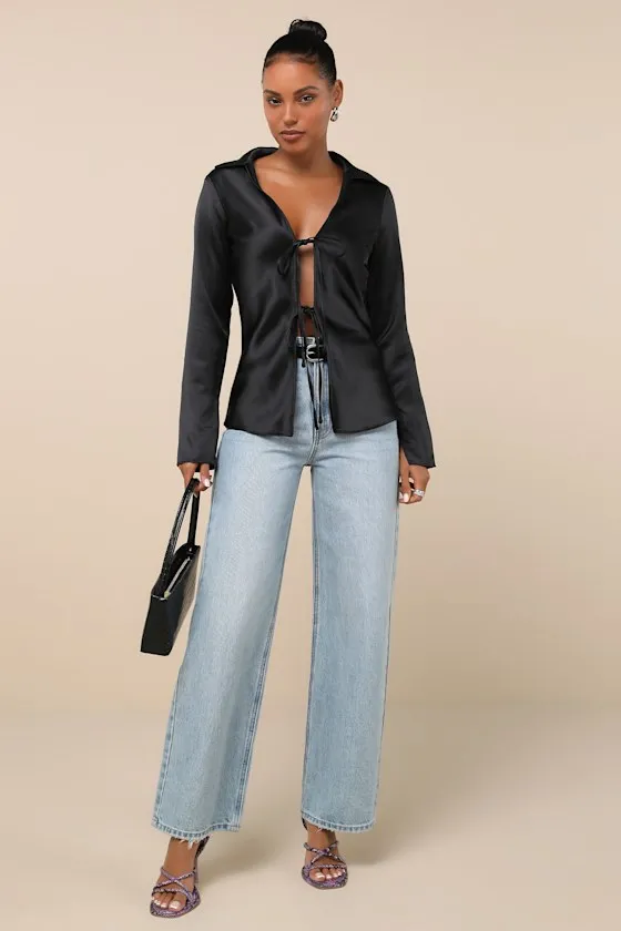 Coveted Aesthetic Black Tie-Front Long Sleeve Collared Top sold by Lulus product image thumbnail 3