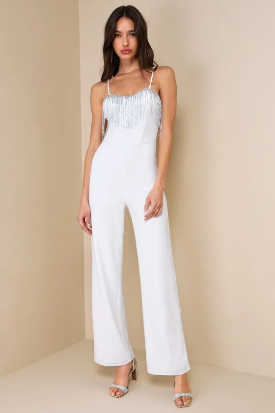 Glamorous Intuition White Beaded Fringe Bustier Jumpsuit sold by Lulus