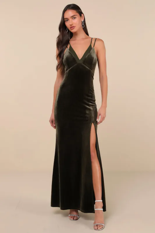 Immensely Glam Olive Green Velvet Backless Maxi Dress sold by Lulus