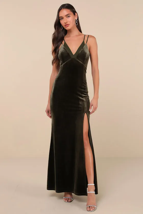 Immensely Glam Olive Green Velvet Backless Maxi Dress sold by Lulus