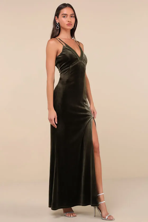 Immensely Glam Olive Green Velvet Backless Maxi Dress sold by Lulus product image thumbnail 3