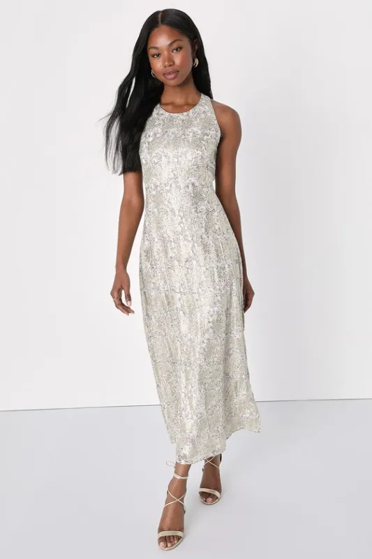 Romantic Charm White and Gold Floral Print Tie-Back Midi Dress sold by Lulus