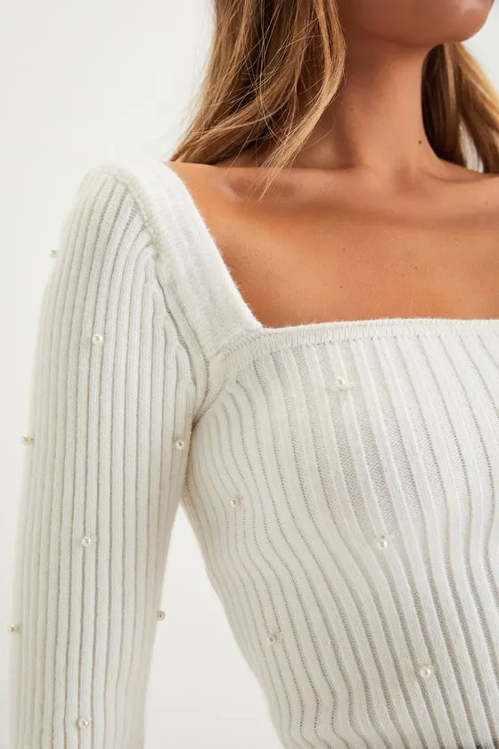 Fashionable Perfection Ivory Ribbed Pearl Sweater Top sold by Lulus