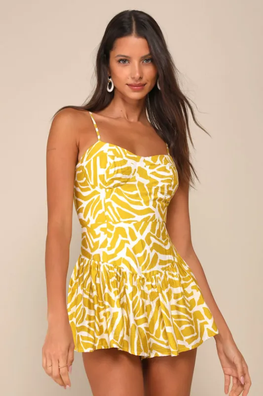 Sunny Day Design Ivory and Yellow Geo Print Lace-Up Romper sold by Lulus