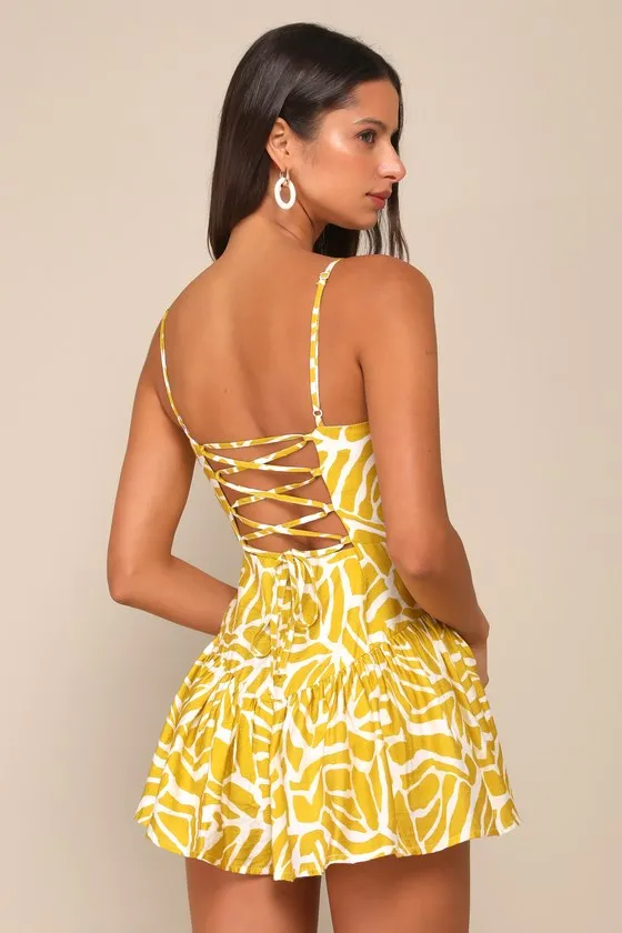 Sunny Day Design Ivory and Yellow Geo Print Lace-Up Romper sold by Lulus product image thumbnail 2