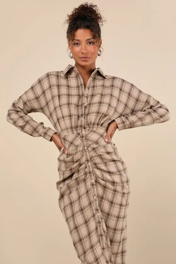 Seasonal Spirit Taupe Plaid Ruched Long Sleeve Midi Dress sold by Lulus