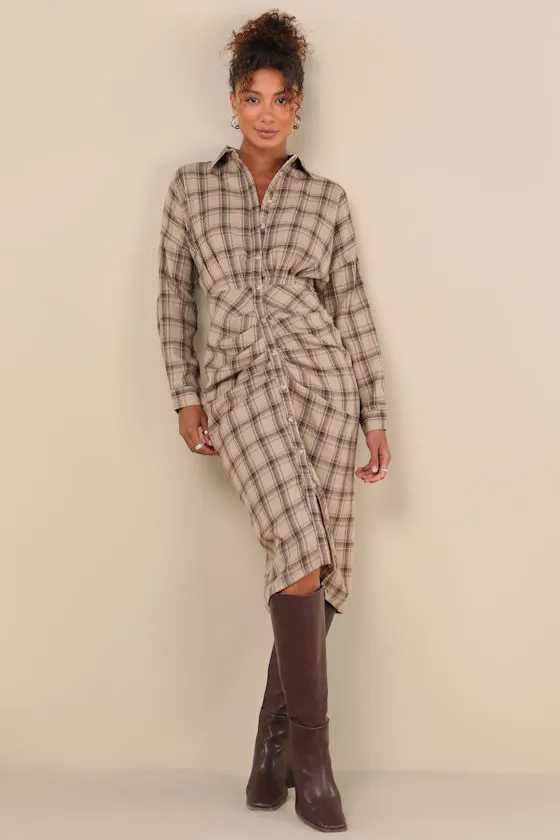 Seasonal Spirit Taupe Plaid Ruched Long Sleeve Midi Dress sold by Lulus product image thumbnail 2