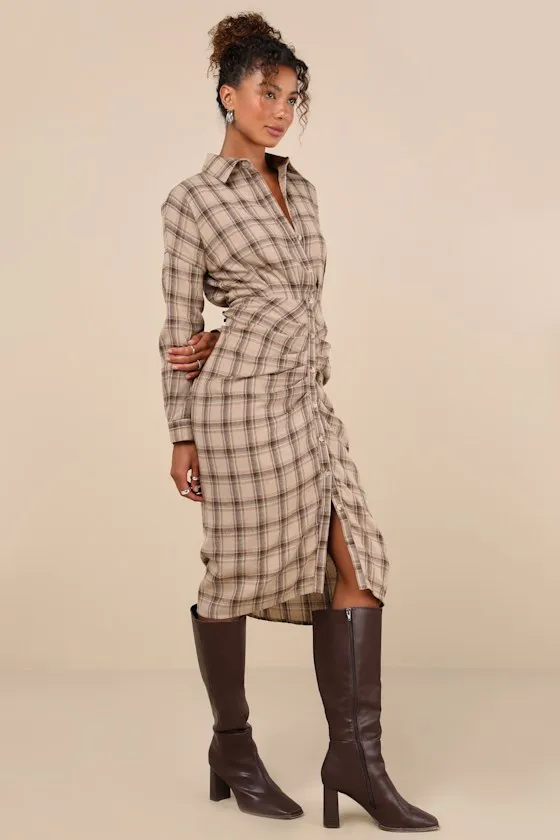 Seasonal Spirit Taupe Plaid Ruched Long Sleeve Midi Dress sold by Lulus product image thumbnail 3