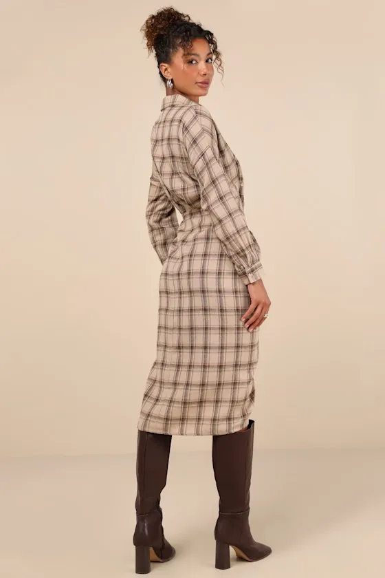 Seasonal Spirit Taupe Plaid Ruched Long Sleeve Midi Dress sold by Lulus product image thumbnail 4