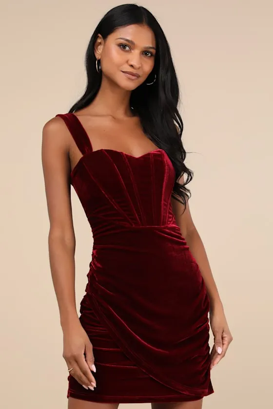 Opulent Mood Burgundy Velvet Bustier Mini Dress sold by Lulus