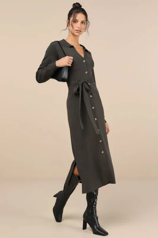 Charming Comfort Dark Olive Collared Button-Up Sweater Dress sold by Lulus