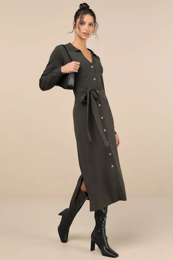 Charming Comfort Dark Olive Collared Button-Up Sweater Dress sold by Lulus