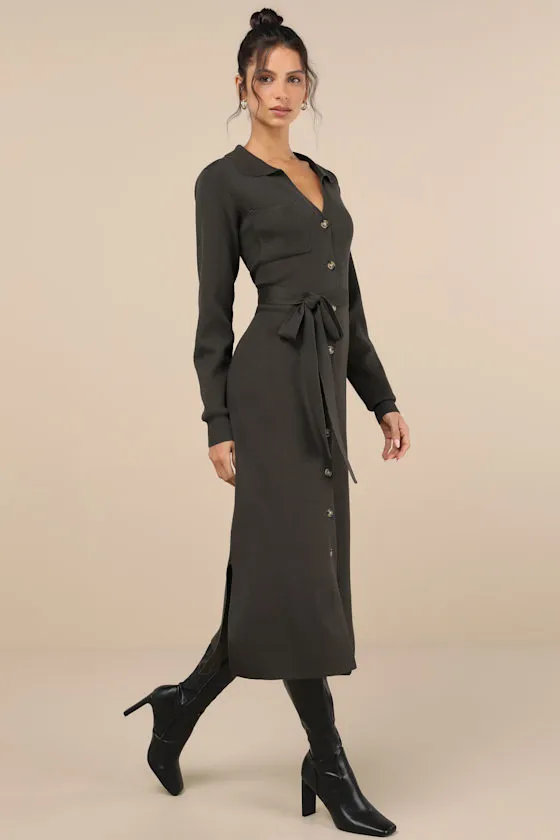 Charming Comfort Dark Olive Collared Button-Up Sweater Dress sold by Lulus product image thumbnail 2