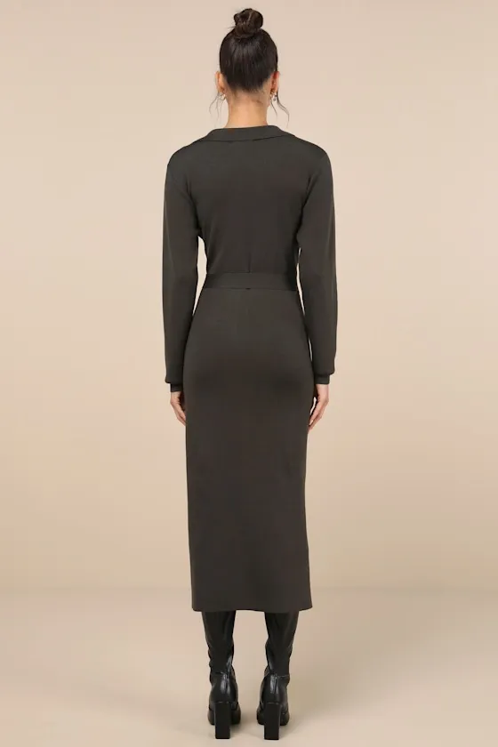 Charming Comfort Dark Olive Collared Button-Up Sweater Dress sold by Lulus product image thumbnail 3