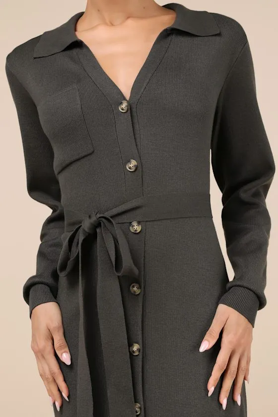 Charming Comfort Dark Olive Collared Button-Up Sweater Dress sold by Lulus product image thumbnail 4