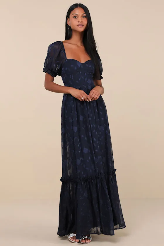 Phenomenal Sweetness Navy Floral Burnout Bustier Maxi Dress sold by Lulus