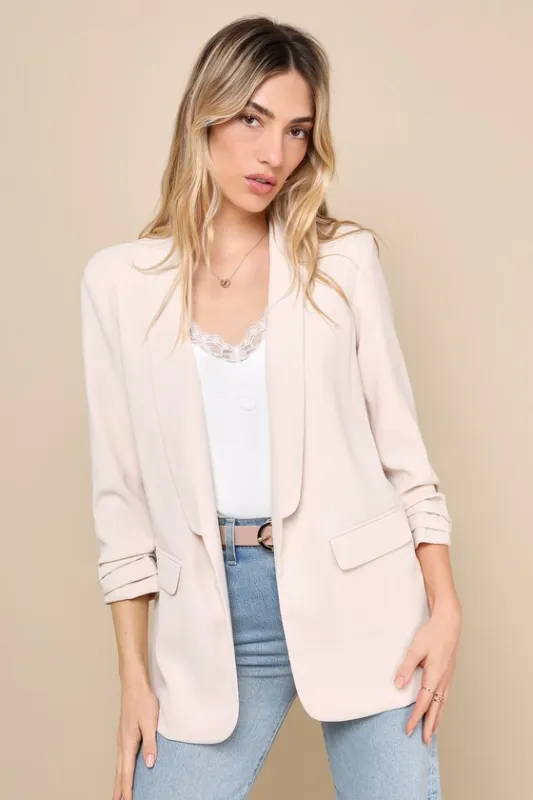 Superior Aesthetic Beige Three-Quarter Sleeve Ruched Blazer sold by Lulus