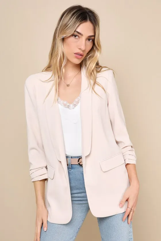 Superior Aesthetic Beige Three-Quarter Sleeve Ruched Blazer sold by Lulus