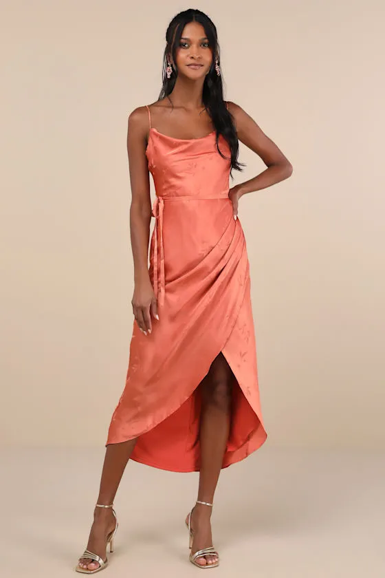 Sophisticated Sight Peach Satin Jacquard Cowl Midi Dress sold by Lulus