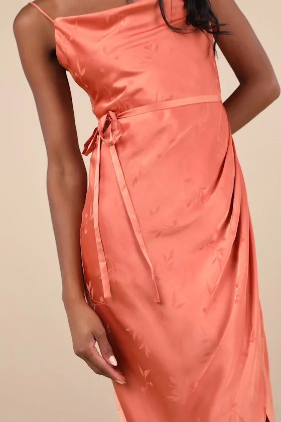 Sophisticated Sight Peach Satin Jacquard Cowl Midi Dress sold by Lulus product image thumbnail 3