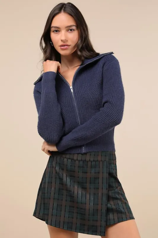 Cozy Inclination Navy Blue Cropped Zip-Front Collared Sweater sold by Lulus