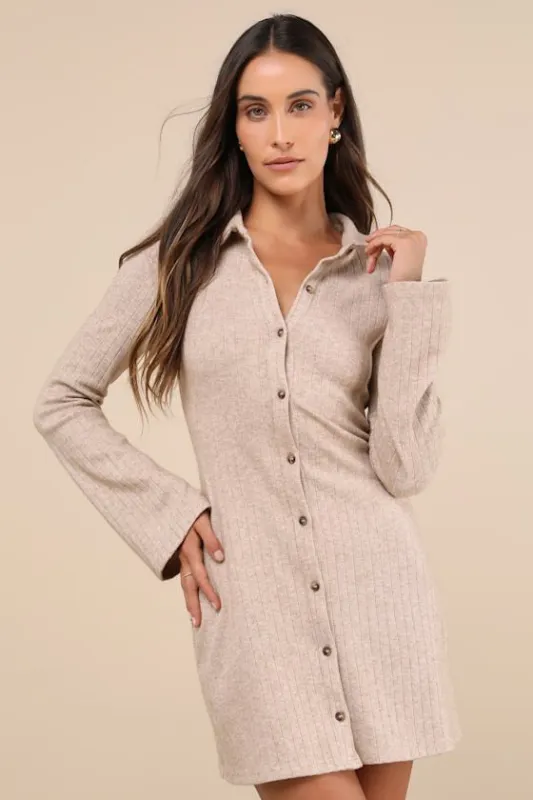 Cuddly Sweetness Heather Beige Button-Front Sweater Mini Dress sold by Lulus
