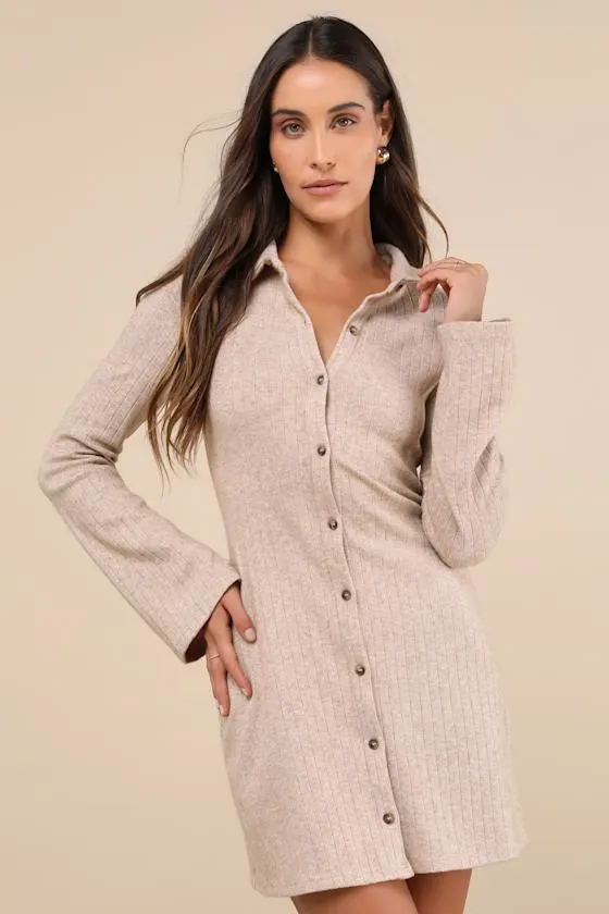 Cuddly Sweetness Heather Beige Button-Front Sweater Mini Dress sold by Lulus