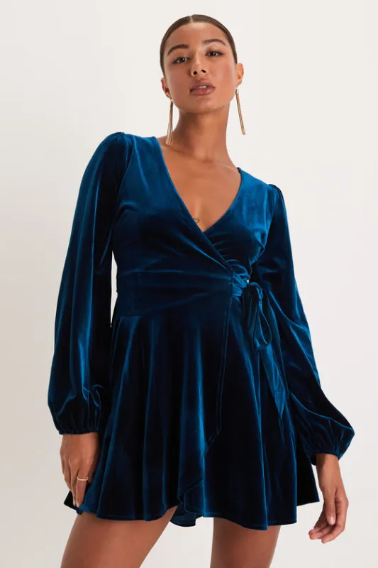 Sincerely Charming Dark Teal Velvet Long Sleeve Wrap Mini Dress sold by Lulus