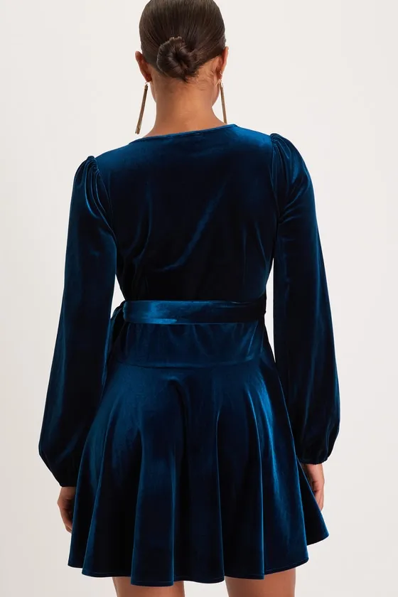 Sincerely Charming Dark Teal Velvet Long Sleeve Wrap Mini Dress sold by Lulus product image thumbnail 3