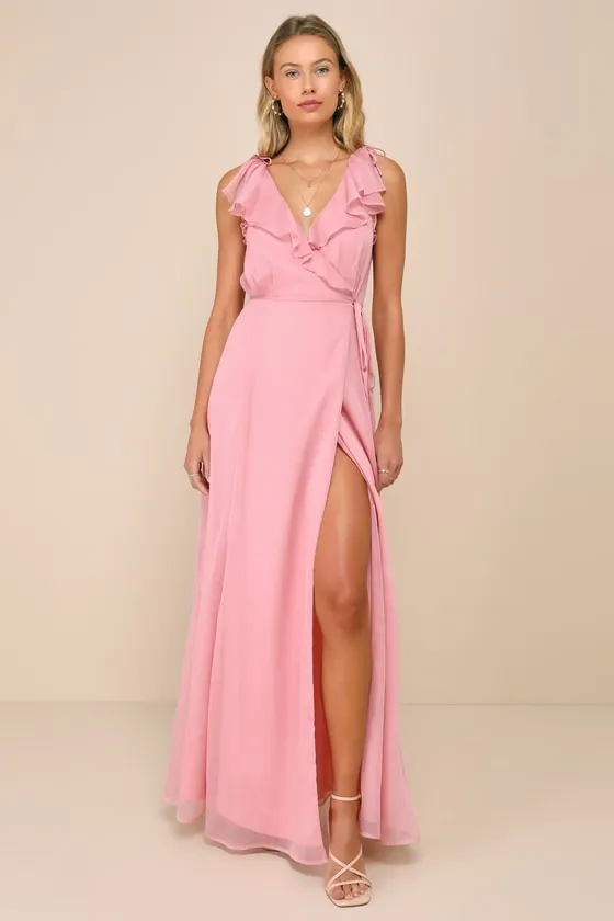 Adorable Elegance Pink Chiffon Ruffled Backless Wrap Maxi Dress sold by Lulus