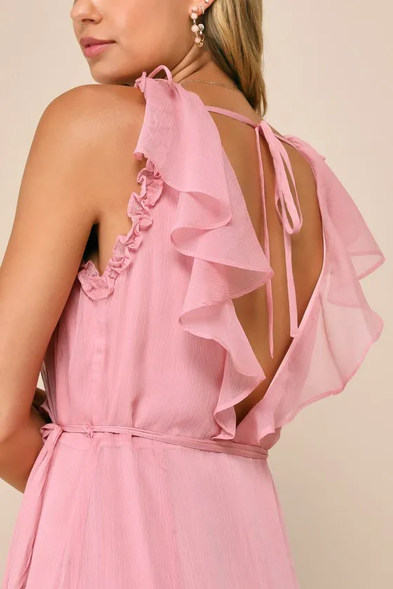 Adorable Elegance Pink Chiffon Ruffled Backless Wrap Maxi Dress sold by Lulus product image thumbnail 2