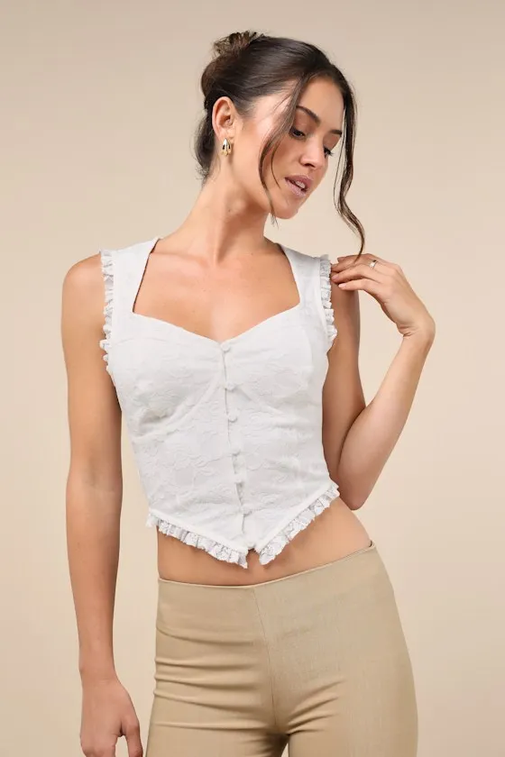 Lasting Cuteness Ivory Lace Ruffled Button-Front Crop Top sold by Lulus