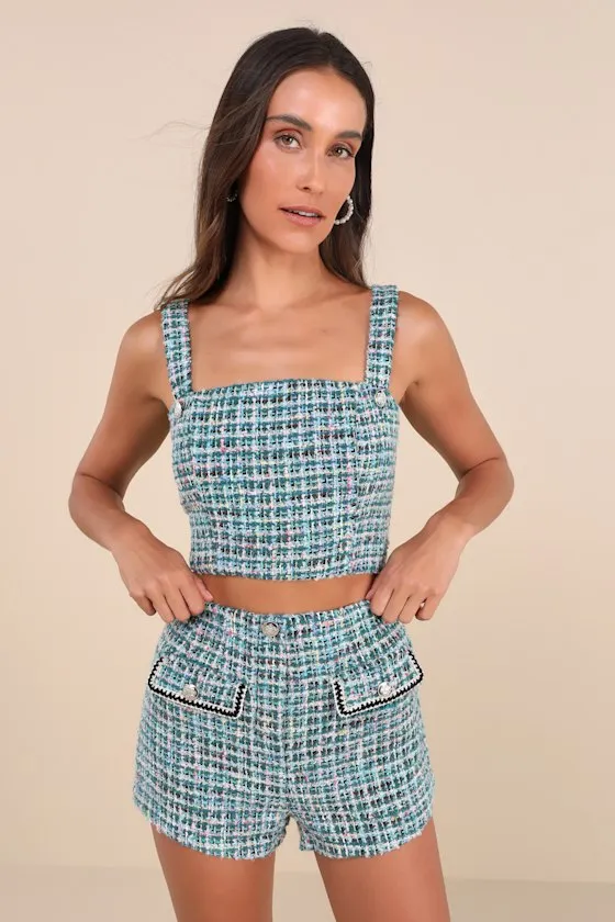 Playfully Chic Teal Green Multi Boucle High-Rise Shorts sold by Lulus