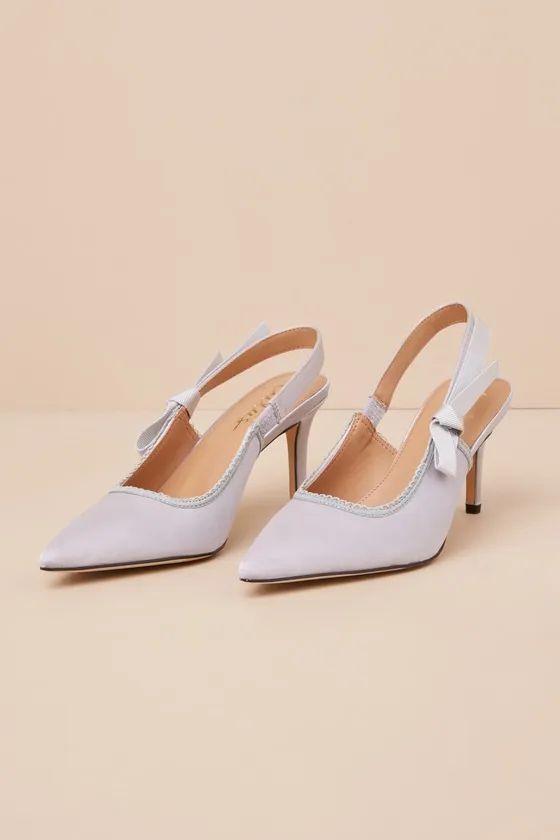 Ancolie Silver Satin Bow Pointed-Toe Slingback Pumps sold by Lulus