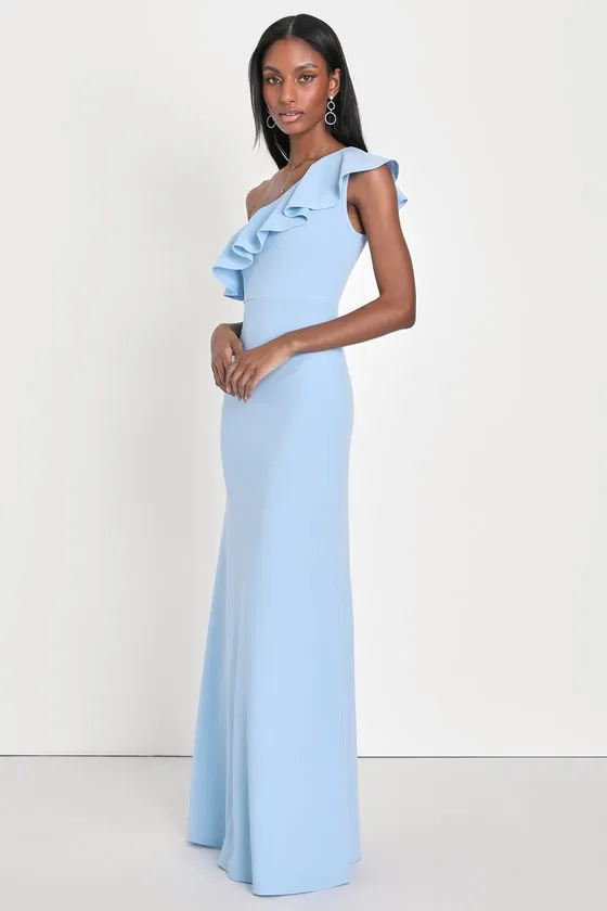 Last Forever Powder Blue One-Shoulder Ruffle Maxi Dress sold by Lulus
