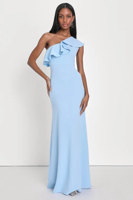 Last Forever Powder Blue One-Shoulder Ruffle Maxi Dress sold by Lulus product image thumbnail 3