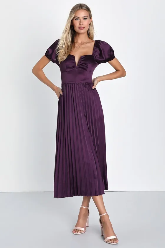 Flawless Forever Dark Purple Satin Pleated Midi Dress sold by Lulus