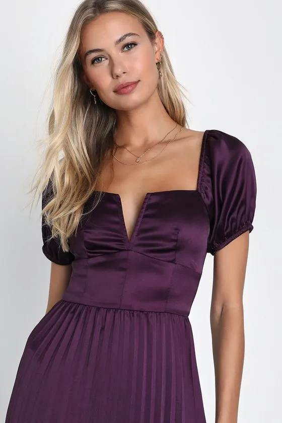 Flawless Forever Dark Purple Satin Pleated Midi Dress sold by Lulus product image thumbnail 2