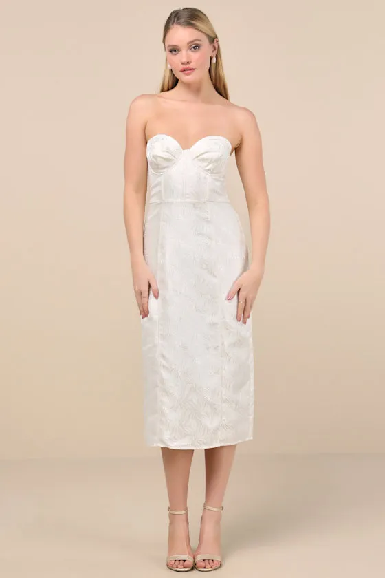 Adena White Jacquard Strapless Bustier Midi Dress sold by Lulus