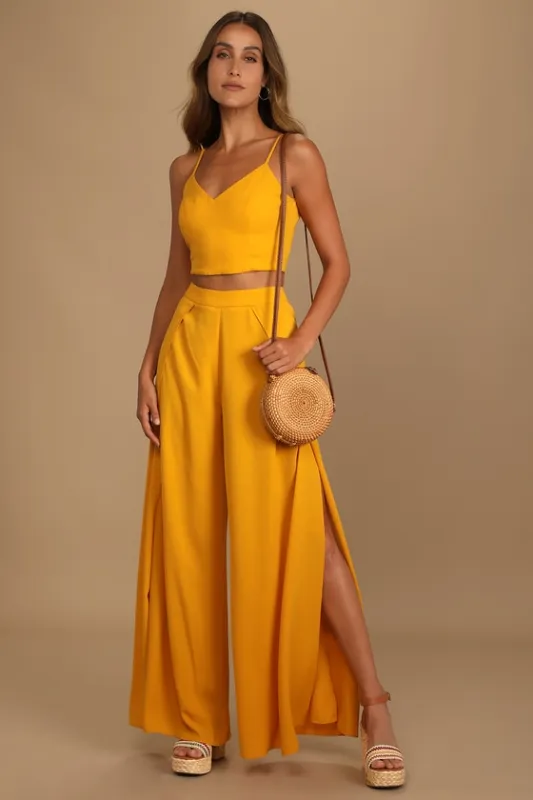 Out Tonight Mustard Yellow Two-Piece Jumpsuit sold by Lulus