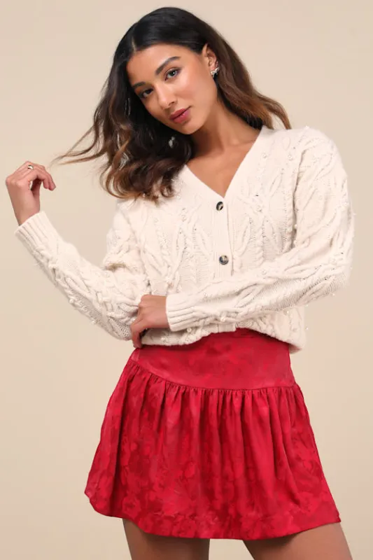 Sensational Approach Red Satin Jacquard Mini Skirt sold by Lulus