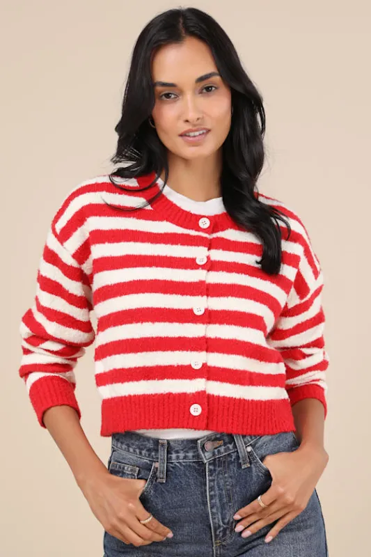 Cutest and Coziest Red and White Striped Crew Neck Cardigan sold by Lulus