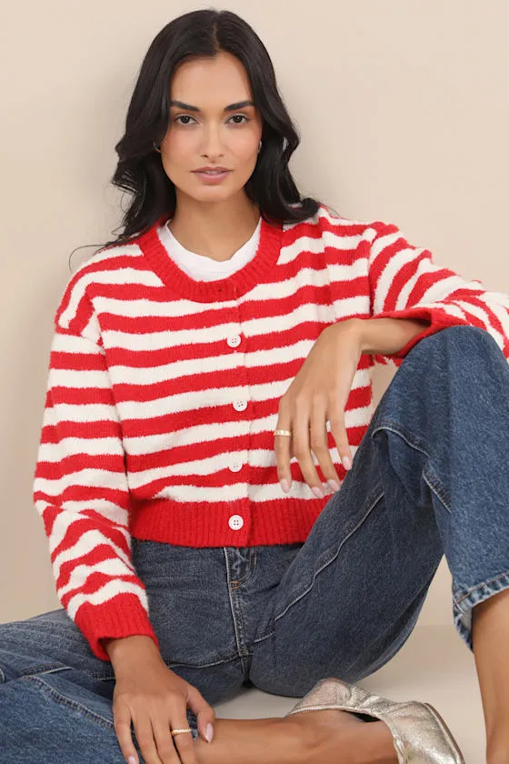 Cutest and Coziest Red and White Striped Crew Neck Cardigan sold by Lulus product image thumbnail 4