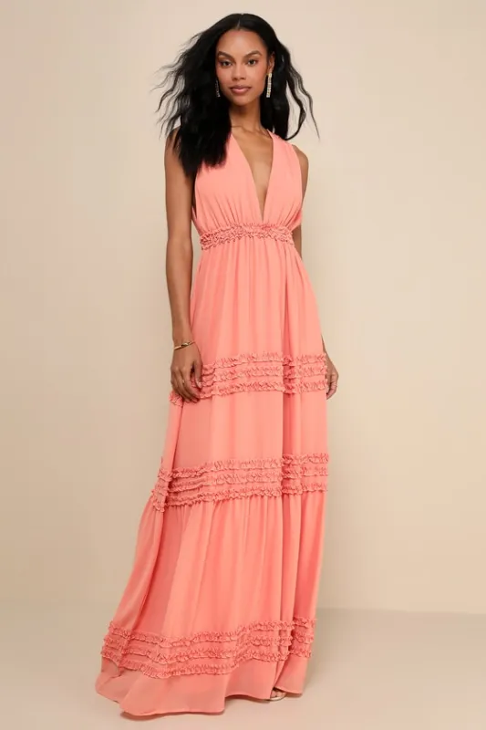 Adoring Effect Peach Pink Chiffon Tiered Ruffled Maxi Dress sold by Lulus
