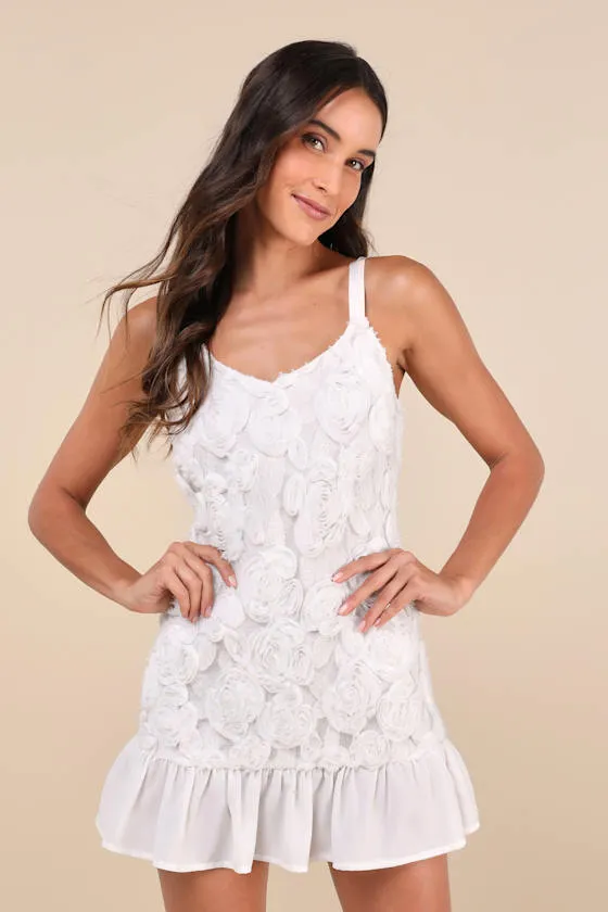 Aesthetic Delight White Rosette Embroidered Shift Mini Dress sold by Lulus