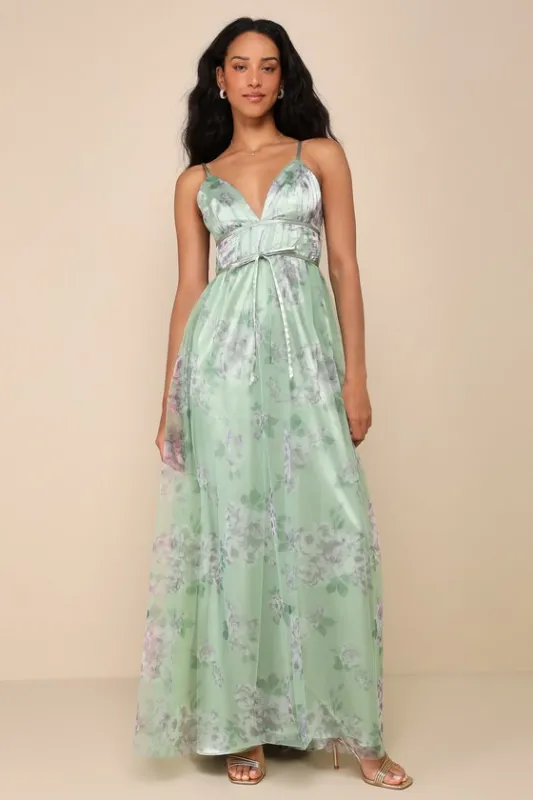 Delightful Invitation Green Floral Tulle Sleeveless Maxi Dress sold by Lulus